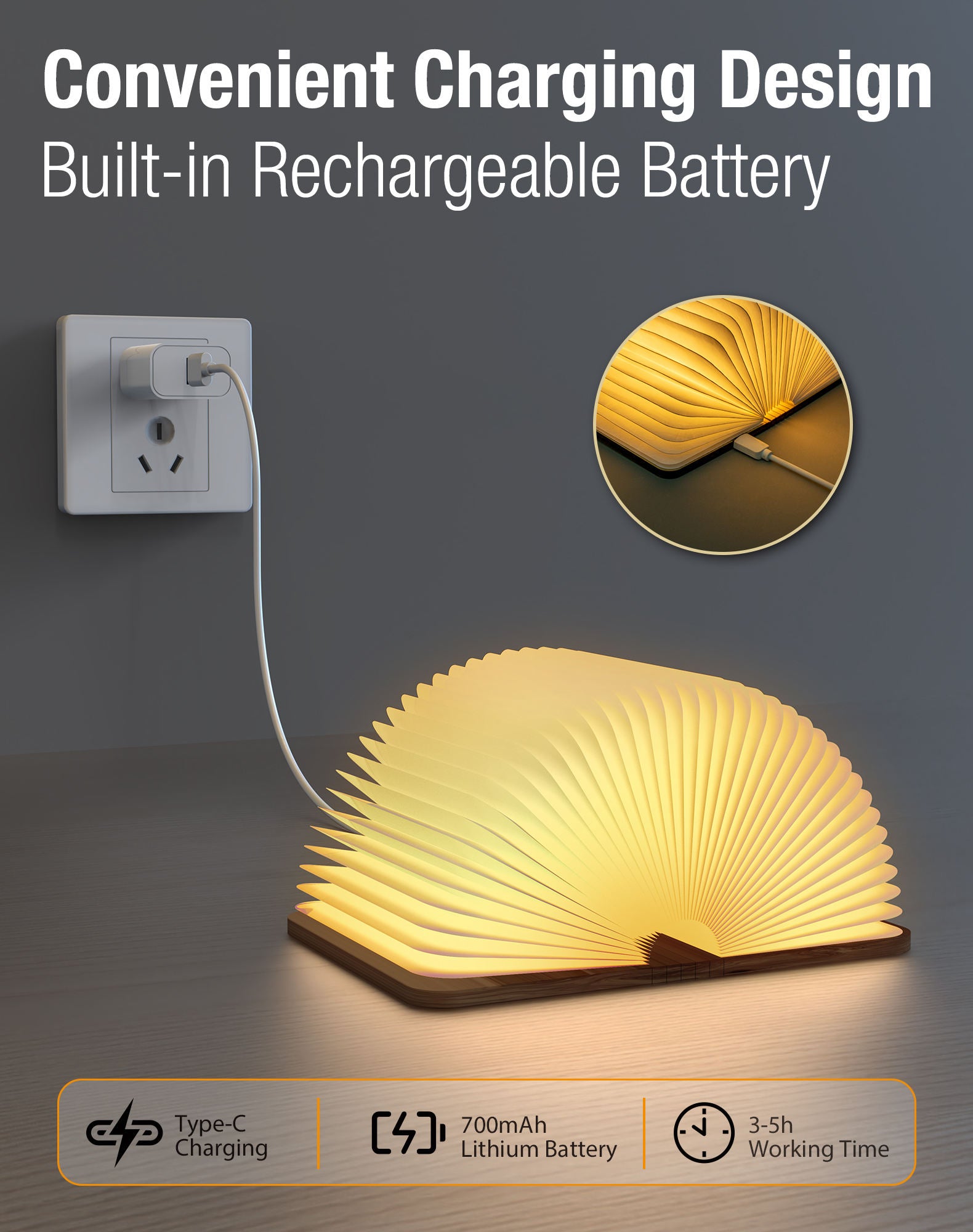 Foldable Wooden Book Lamp – Touch‑Controlled Warm‑Light Night Light