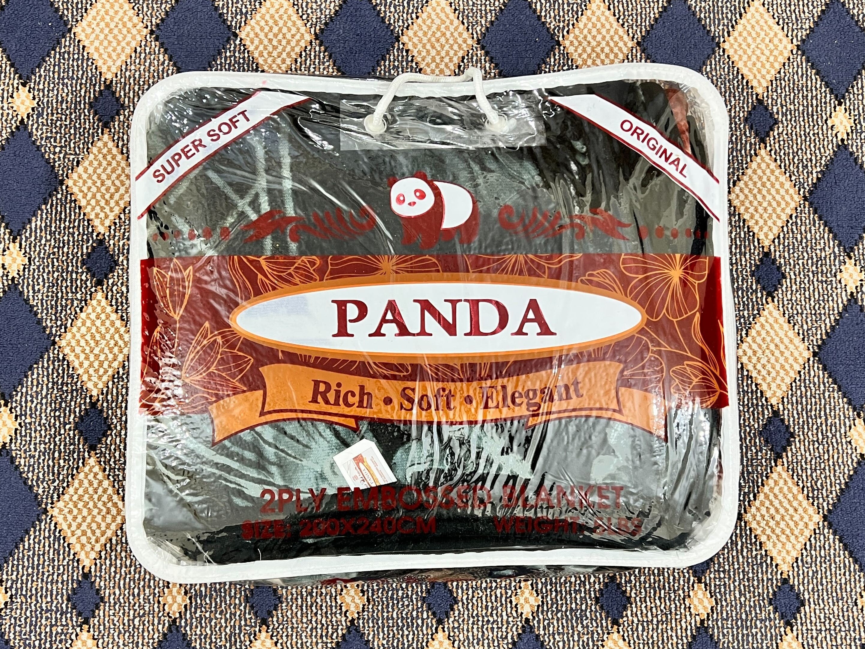 Panda brand food package on a checkered fabric background